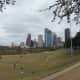 Vast lawn area in Eleanor Tinsley Park near downtown Houston