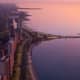 Aerial view of Lake Shore Drive in Chicago at sunrise.
