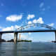 Leo Frigo Bridge over the Fox River as it flows into Lake Michigan in Green Bay, Wisconsin