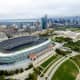 Soldier Field from the air looking towards the Field Museum and downtown Chicago