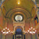 Looking up inside the Spanish Synagogue.