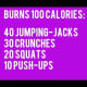 Burns 100 calories: 40 jumping -jacks, 30 crunches, 20 squats, 10 push-ups
