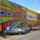 Side view of mural at 420 Travis Street in Houston