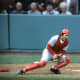 Johnny Bench attempts to make a tag during Game 1. 