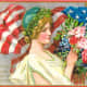 Free vintage post cards for Memorial Day: Woman with American flag and flowers