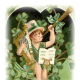 vintage St. Patrick's Day clip art -- little boy with top hat, musical instruments and shamrocks