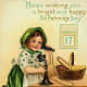 Vintage kids: Little girl dressed for St. Patrick's Day talking on an antique phone "Here's wishing you a bright and happy St. Patrick's Day"
