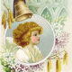 Vintage Easter angel card with purple flowers and church bell