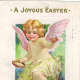 Pastel vintage Easter angel with pink wings, Easter eggs and baby chicks