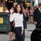 Olivia Munn outside the Late Show in dark denim and high heel booties