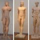 Archaic period Kouroi, "youths," show how Greek sculptors borrowed from Egypt and slowly developed a new Greek style. Here are: Sounian Kouros, c. 600 BCE, Kouros from Melos, c. 550 BCE, "Aristodikos", c 520-480 BCE. They're large, 8-10 feet tall.