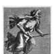 Witch rides through the starlit sky on her broomstick carrying a baby she has borrowed from its mum. DePlancy