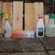 Materials and equipment to prepare wood for wood staining, diluted caustic soda and diluted white vinegar