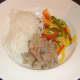 Turkey leg meat, rice noodles and sliced bell peppers