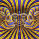 This optical illusion works by contrasting colours and shapes. Faces are included giving a double effect of moving lines and different perspectives for the middle and side faces