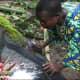 Osun devotee asking for blessings from the River Goddess at Osun Oshogbo Sacred grove