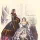 1852: Coat with fur trim and muff, and silk plaid dress
