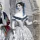 1854: Victorian dress with blue flower borders