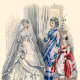 1869: Victorian bridal dress in white with attendants in blue and red