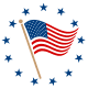 Free patriotic clip art: Waving flag on pole with circle of blue stars in the background