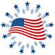 The American flag: Waving flag with circle of bursting blue stars in the background