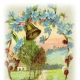 Free vintage Easter clip art images: Flowers and bell surrounding a country scene