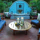romantic blue water fountain, terracotta tile patio - ideal for a Mediterranean style garden
