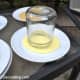 Step 6: Pour SMALL AMOUNTS of each color of paint, including the base color, onto individual disposable plates. Dip different sizes of jar tops and lids into the paint, taking care not to overload the tops and lids with too much paint. An over-abun