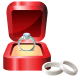 Platinum engagement ring in red velvet box with platinum wedding rings