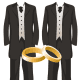 Gay wedding graphics: two tuxedos with gold wedding bands