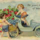 Two cherubs with a car full of hearts vintage Valentine card