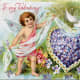 Cherub and dove with a heart made of flowers vintage Valentine's Day greeting card