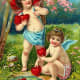 Cherubs with hearts by a stream vintage Valentine's Day card