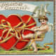 Cherubs tying up two hearts vintage Valentine postcard