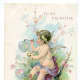 Cherub in a tree making heart-shaped bubbles vintage Valentine card