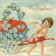 Two cherubs with a flower cart vintage Valentine card