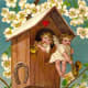 Two angels in a treehouse vintage Valentine card