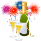New Year's Eve champagne, glasses and fireworks