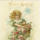 Cute kids: little girl with basket of pink flowers on a romantic card