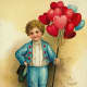 Cute kids: little boy with red heart balloons on vintage Valentine card