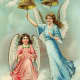 Two vintage angels with two gold bells in clouds