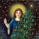 Vintage angel with halo and Christmas tree 