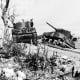 Two knocked out Sherman tanks on bloody ridge Okinawa May 1945.