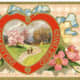 Vintage valentine card with blue bow, gingham background, pink flowers, red heart and country scene