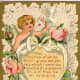 Victorian valentine card with cherub, ribbon heart, white dove, pink roses and lace background