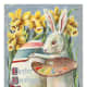 Vintage Easter cards: Easter bunny painting an Easter egg with a baby chick watching