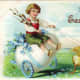 Victorian Easter cards: Little boy riding on giant Easter egg in wagon being pulled by two yellow baby chicks