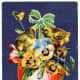 Vintage Easter cards: Multi-colored pansies coming out of a red Easter egg