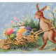 Vintage Easter cards: Easter bunny pushing a wooden cart filled with colored Easter eggs