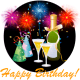 Birthday champagne, fireworks and party hats